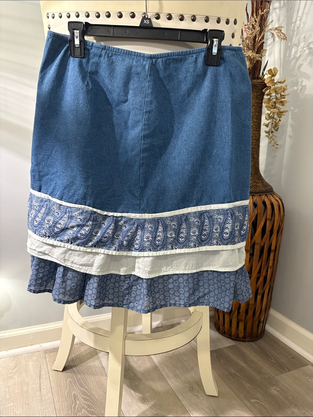 Free People Blue Tiered Midi Skirt with Patterned Panels